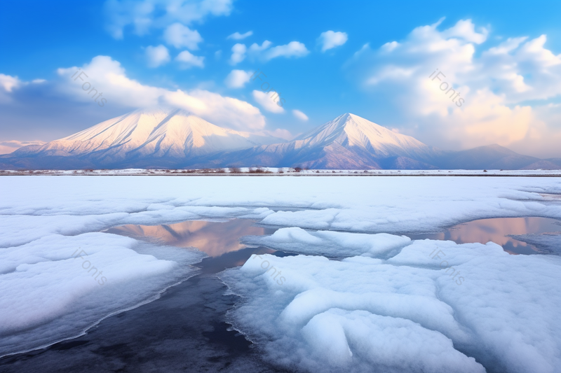 蓝天百元下初雪融化的冰面在雪山脚下唯美场景,高清,摄影图,摄影图片,图片大全,摄影图免费下载